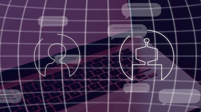 Curved arcs sliding, human and AI icons forming, filling white, moving forward, showing chat