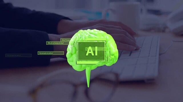 Woman typing on keyboard, initiating animated chat boxes around neon AI brain for tech drafting