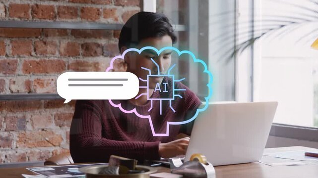 Man typing at laptop, causing AI cloud chip overlaying, speech bubble, frames supporting tech work