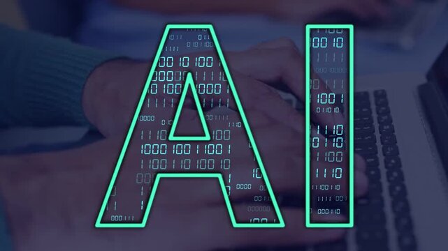 Programmer typing on laptop, activating neon AI title with shifting binary digits for tech demo