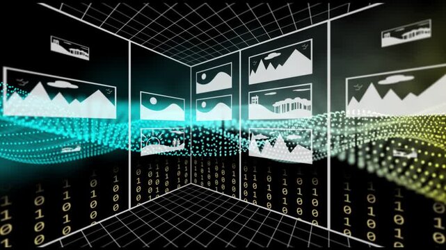 Camera panning, particle wave moving across grid, thumbnails appearing, forming digital gallery