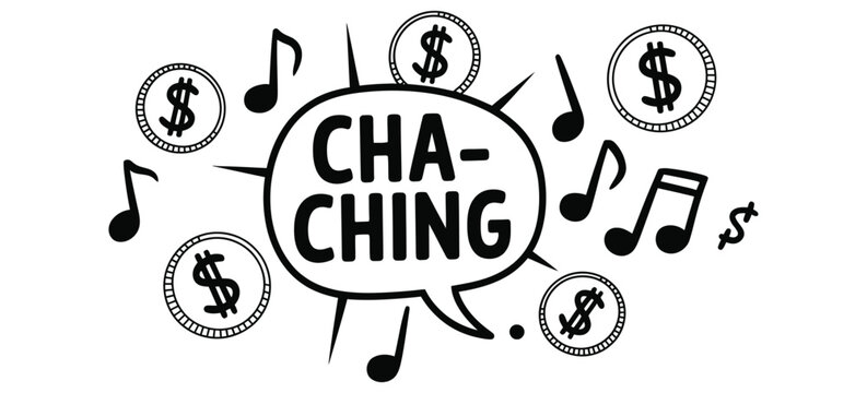 Cartoon Dollar cha Ching cash register sound effect vector illustration celebrating profit income finance and money success concept.
