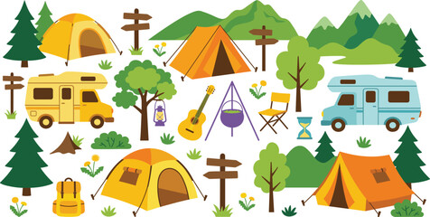 Outdoor Adventure Camping Vector Set with RV Camper Vans Colorful Tents Mountains Forest Trees and Hiking Equipment for Summer Vacation and Travel Graphic Designs © MdSirazul