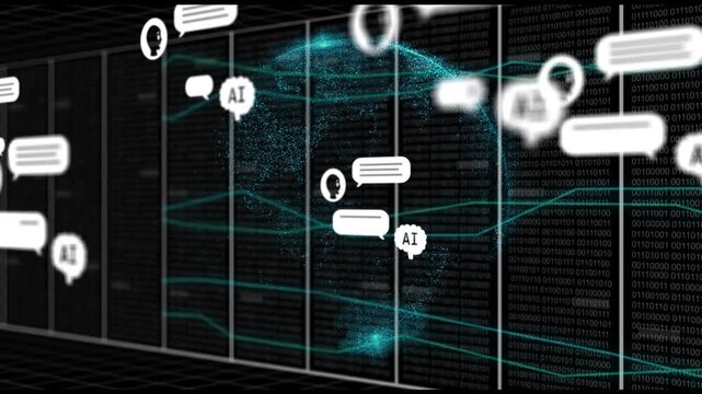 Single icon appearing, globe and chat icons multiplying, flowing across rack panels showing data