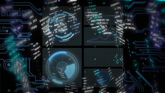 Central HUD receiving edge data, rotating radars, streaming tokens, updating chart, processing data