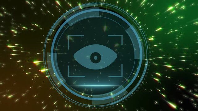 Particle burst starting cyber HUD morphing from shield into rotating scanner showing security state