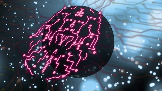 Left pink dots starting connecting, central disc growing neon lines right, activating circuit grid
