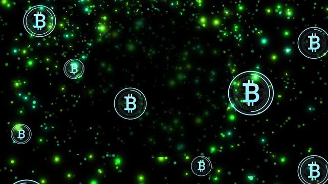 Lower-center coin appearing, Bitcoin coin icons drifting scaling pulsing forming data-net backdrop