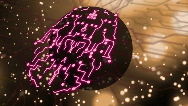 Magenta dots forming on dark orb, expanding into neon circuits, particles drifting, showing network