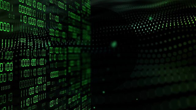 Initial pulse starting left binary panel digits scrolling pulsing dot field waving showing dataflow
