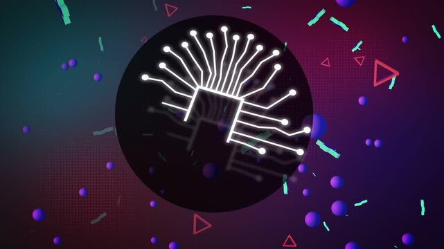 Triggered by bright points, central disc drawing glowing circuit into radial microchip, showing AI