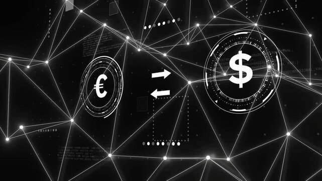 Network pulse initiating exchange, euro and dollar coins exchanging glyphs, showing real-time flow