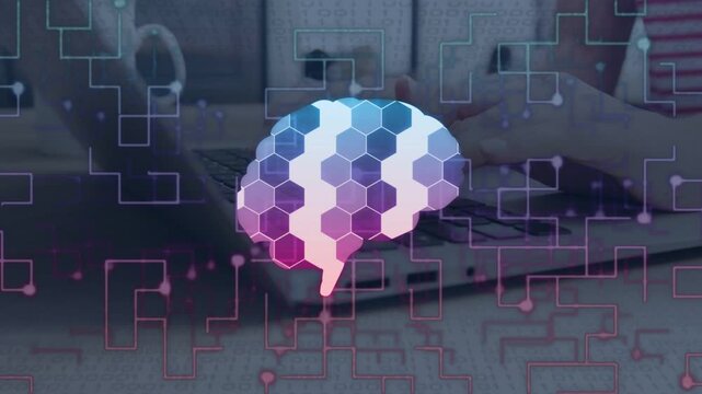 Woman typing on laptop, starting pulsing AI brain overlay cycling blue-pink hex circuits showing AI