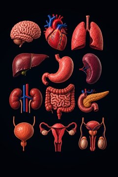 Realistic Human Internal Organs Medical Anatomy Illustration Set on Black Background for Healthcare Education and Biological Science Design