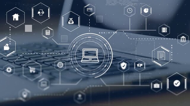 Central HUD ring enlarging, spreading overlay over laptop keys, hex icons appearing showing network