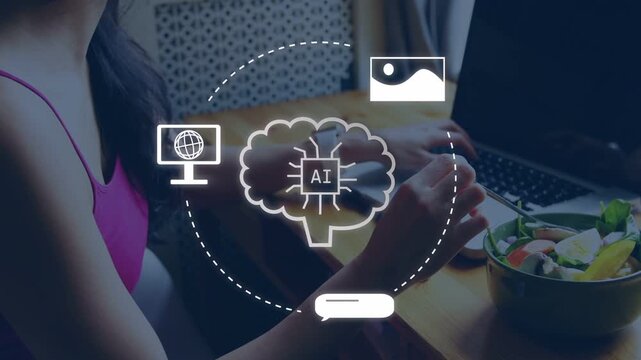 Mid adult woman typing on laptop, initiating AI brain overlaying workspace, organizing workflow