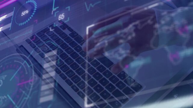 Tech worker typing laptop, key presses updating HUD gauge, % rates and map overlapping for tracking
