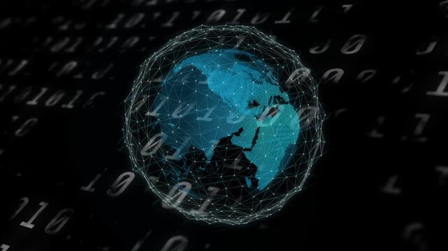 On start globe rotating clockwise as mesh pulsing, nodes flashing, bits drifting showing network
