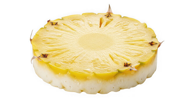 Fresh round slice of sweet yellow pineapple fruit showing juicy texture and vibrant tropical food pattern