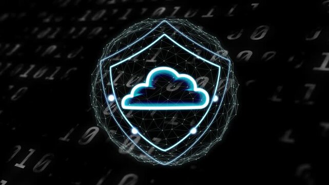 Binary scroll sparking orb rotating, shield tracing, cloud glowing, nodes linking, guarding network