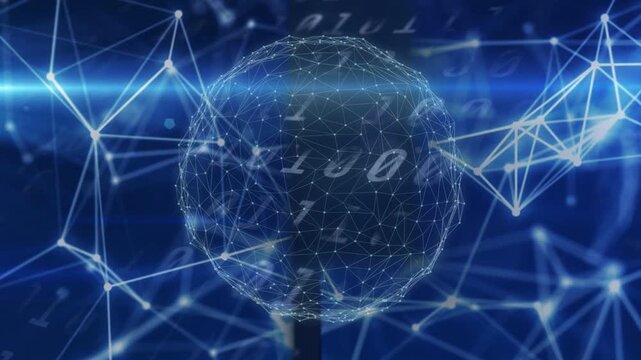 Flare sweeping wire mesh sphere rotating nodes pulsing links reaching joining showing data flow