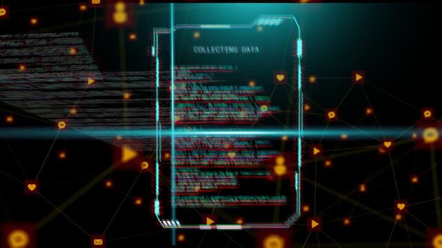 Cyan crosshair initiating scan, central data HUD rotating, glitching and revealing COLLECTING DATA