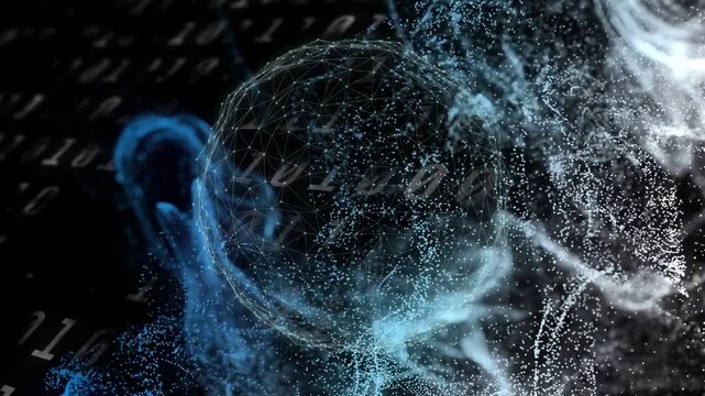 Blue ribbons initiating particles shifting while wireframe sphere rotating, visualizing data flow