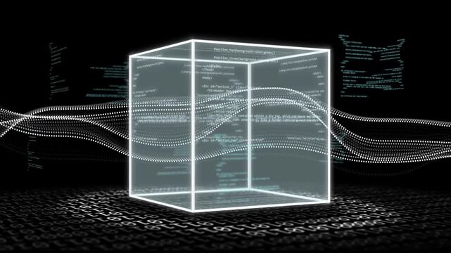 Dotted waves moving across void causing wireframe cube emerging, code scrolling, visualizing data