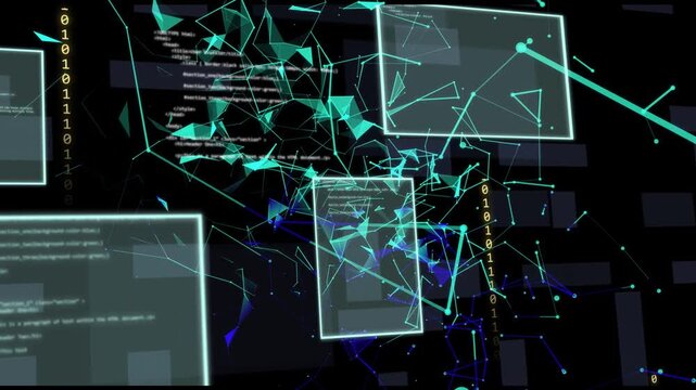 Core network converging into vortex on binary pulse, shifting code panels showing data in 3D