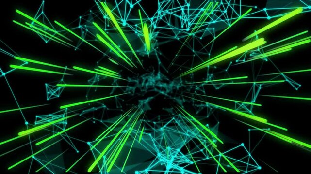 Frame 1 starting core glow neon net pulsing cyan mesh reforming green rods fluctuating showing flow