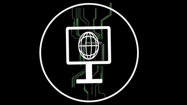 Centered emblem animating as chip appearing urging monitor tilting, circuits growing to reveal chip