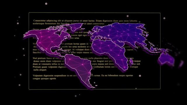 Panel sliding in starting neon world map shifting and pulsing, revealing legible text backdrop