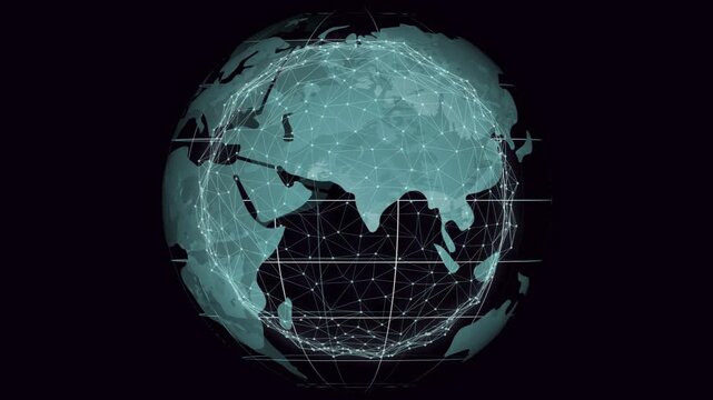 On start stylized globe turning east while mesh nodes pulsing and shifting to visualize data links
