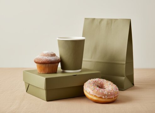 Olive green paper takeout packaging with a coffee cup and pastry box on a beige surface for bakery branding, cafe menu design and sustainable food service marketing