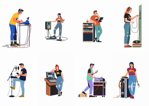 Diverse Sound Engineers and Music Producers Working with Professional Audio Equipment in a Recording Studio Setting, Flat Vector Illustration Collection.