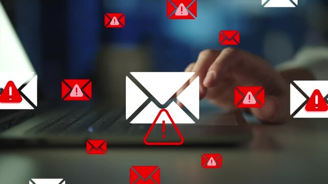 Emails alert spam virus message caution sign for notification on internet threat security. Harmful, junk mail and Trash, Spam email pop up warning.
