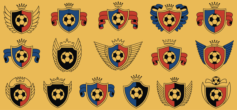 Football club crest icon set, soccer shield badges and league emblem collection, sporty vector logos with balls, stars, ribbons, and championship symbols for team identity design.