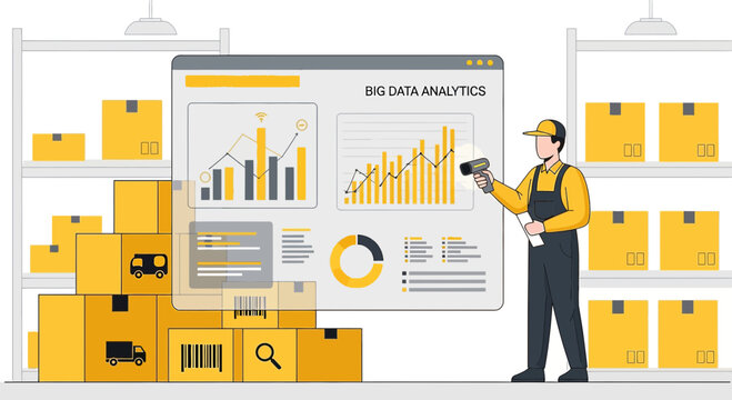 Warehouse worker scans packages with data analytics dashboard