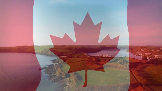 Canadian flag overlay staying centered while drone pan starting, revealing harbor and showing coast