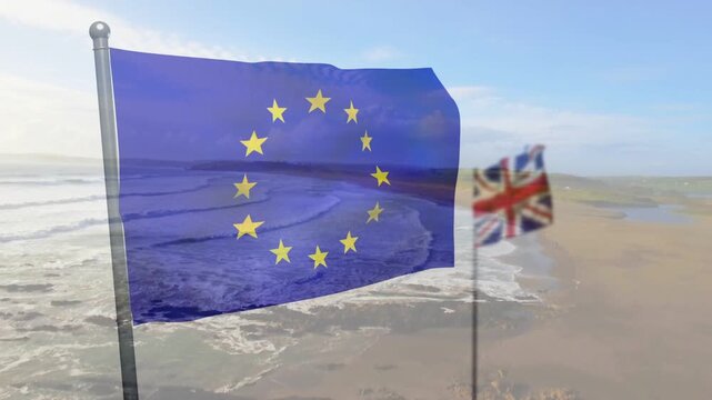 Onshore breeze causing EU flag billowing and rippling, sheer showing surf, UK flag fluttering