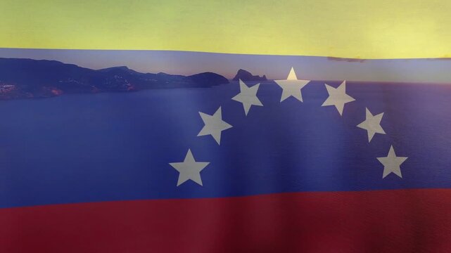 Sunset light shifting, Venezuelan flag folding and centering eight stars, revealing coastline