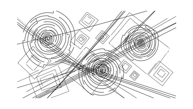 Abstract technical drawing with concentric circles and intersecting geometric lines.