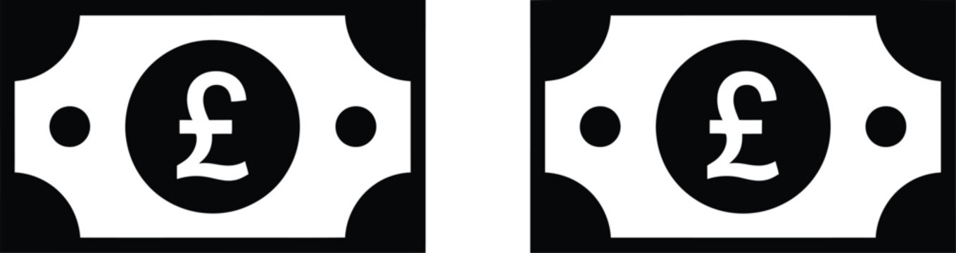 Pound note icons, minimalist black and white banknote symbols on white background representing British currency finance and payment concepts.