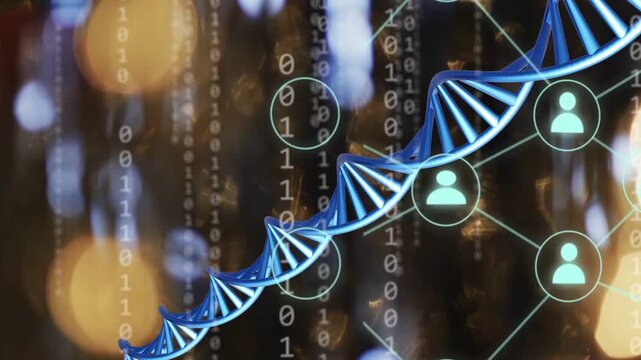 zoom starting blue DNA helix moving turning up-right while binary code linking nodes showing genome