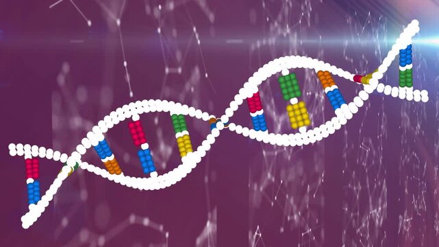 Lens flare moving in, DNA helix shifting, twisting and sliding, revealing base pairs, showing genes