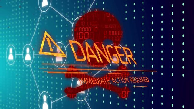 Red binary skull appearing, cyber alert needing urgent action, DANGER forming as nodes linking