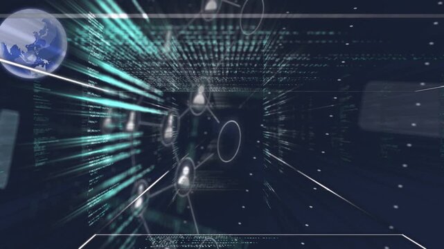 Teal code starting nodes multiplying into network in tunnel, cards moving forward showing activity