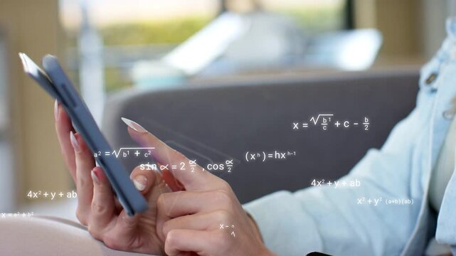 Woman holding tab on sofa tapping screen generating math wireframes around hands floating calc icon