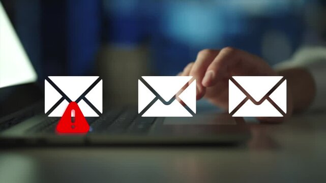 Emails alert spam virus message caution sign for notification on internet threat security. Harmful, junk mail and Trash, Spam email pop up warning.

