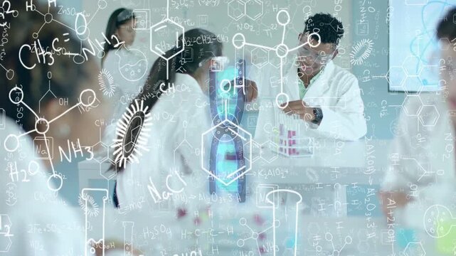 Male teacher picking test tube showing and teaching lab student while molecular overlays floating
